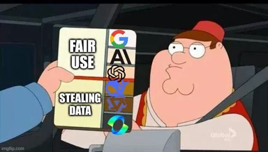 Peter Griffin looks at a hand holding a card with 'FAIR USE' and 'STEALING DATA' separated by a red line, with logos of Google AI, Meta AI, and others on the right