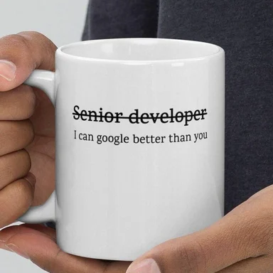 A person holding a white coffee mug with the text 'Senior developer I can google better than you'