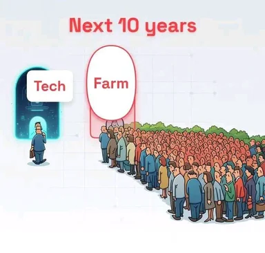 cartoon of a man walking through a futuristic tech tunnel while a large crowd waits to go to farm