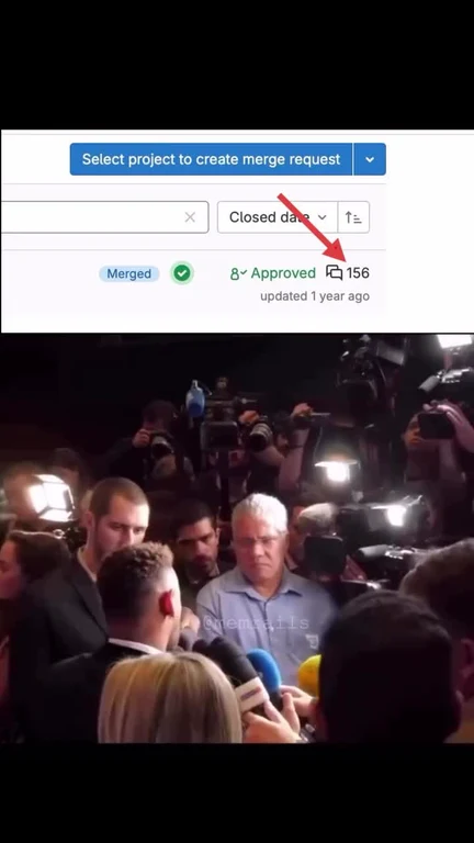 Split image showing a Git merge request marked merged and approved with 156 reactions above a photo of a man surrounded by a