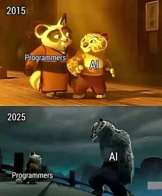 Kung Fu Panda meme of programmers and AI in 2015 and 2025