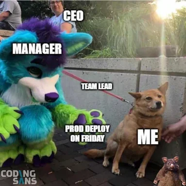 a meme of a fursuited character and a dog on a leash with text labels