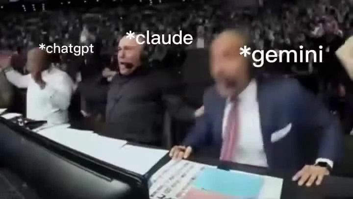 A video thumbnail showing three men in suits cheering in a stadium, labeled with the text *chatgpt, *claude, and *gemini.