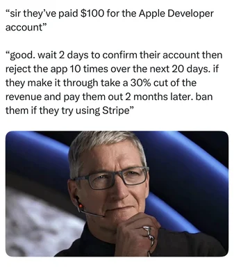 Tim Cook looking thoughtful with a sly expression