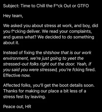 HR email meme about firing stressed employees