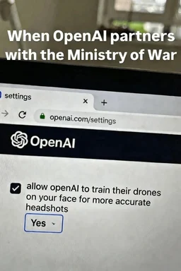 Meme of a computer screen showing an OpenAI settings page with a checkbox to allow OpenAI to train drones on your face for headshots, captioned 'When OpenAI partners with the Ministry of War'