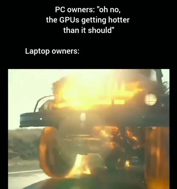 a meme comparing PC and laptop owners' reactions to overheating GPUs