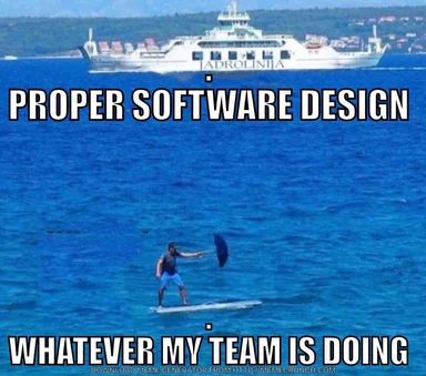 a man on a paddleboard in the ocean with a large boat in the background and text about proper software design