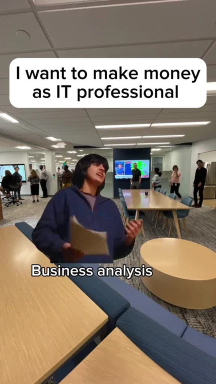 Man sitting in office setting with text 'I want to make money as IT professional' and 'Business analysis'
