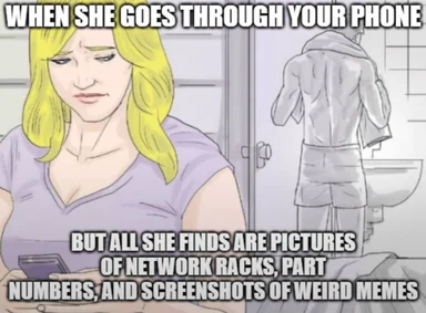 Cartoon woman looking through phone with man in bathroom