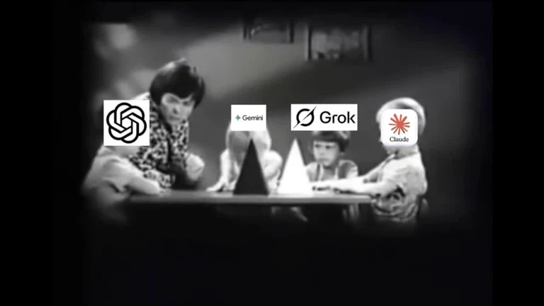 Black-and-white chess scene with OpenAI, Gemini, Grok, and Claude logos placed over the players' faces