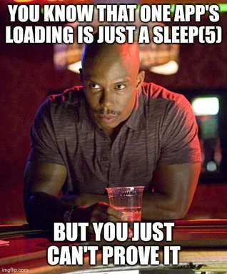 Skeptical man sitting at a bar with a drink, looking concerned about an app's loading screen