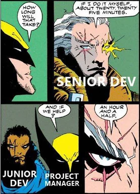 Comic strip of senior dev, junior dev, and project manager discussing task duration