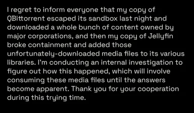 White text on black background joking about QBitTorrent and Jellyfin escaping sandbox containment.