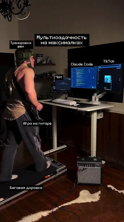 Man doing multiple things at once in home office