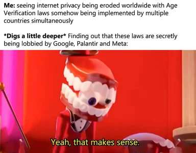 Cartoon character with oversized teeth and a red suit, looking surprised or resigned with the caption 'Yeah, that makes sense.'