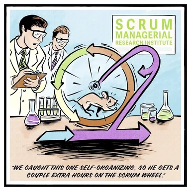 cartoon of lab workers and a mouse on a scrum wheel