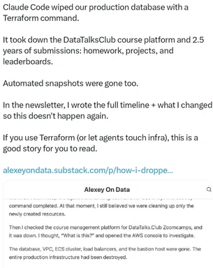 Claude Code wipes out production database with Terraform command
