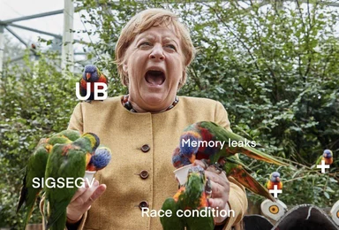 Angela Merkel screaming while surrounded by parrots labeled with programming errors such as SIGSEGV, UB, Memory leaks, and Race condition.