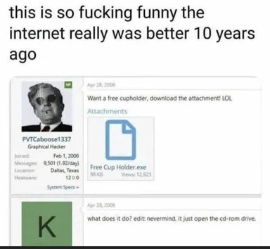 humorous image of old internet forum post with free cup holder attachment
