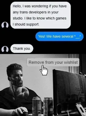 A gamer removing a game from their wishlist after learning it has trans developers