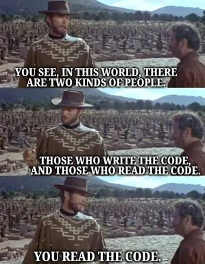 The Good, the Bad and the Ugly meme with a programmer twist
