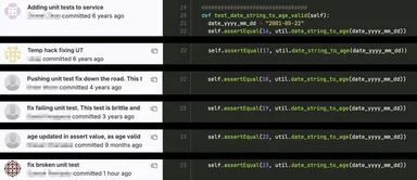 screenshot of code commits with humorous comments about unit tests