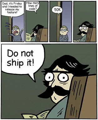 Dad and son comic about not shipping 50k lines of code