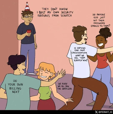 cartoon illustration of a group of people talking about security features and data leaks