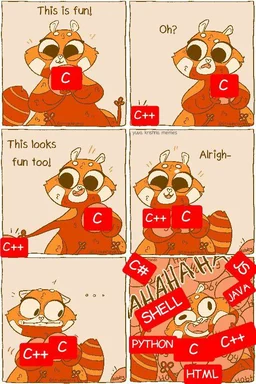 cartoon red panda discovering programming languages