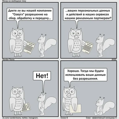 cartoon owl and squirrel discussing data privacy