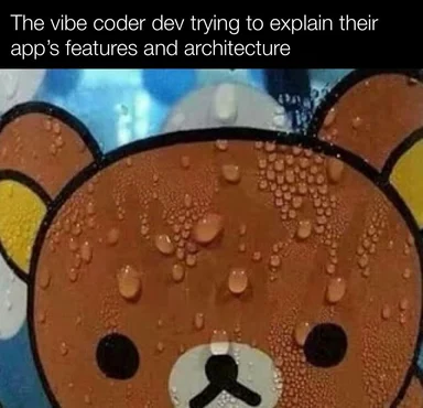 meme of sweaty bear face with text 'The vibe coder dev trying to explain their app's features and architecture'