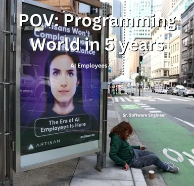 A homeless-looking senior software engineer sits next to a billboard advertising AI employees