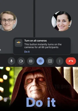 meme about turning on all cameras in a video call with a Star Wars character