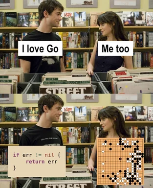 a man and woman talking in a record store about loving the Go programming language