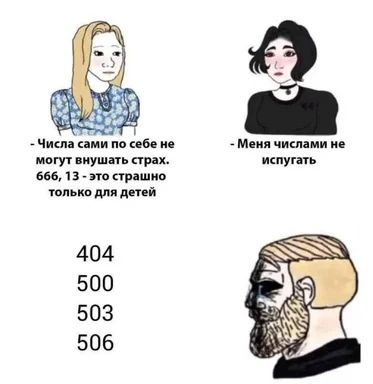 Диалог трёх персонажей: женщина утверждает, что числа не могут пугать, вторая соглашается, а затем показан список HTTP-кодов
