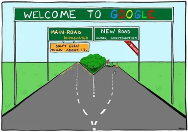 Cartoon road with welcome to google sign and deprecation signs