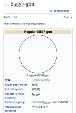 Wikipedia page for the 65537-gon showing a shape that looks like a circle