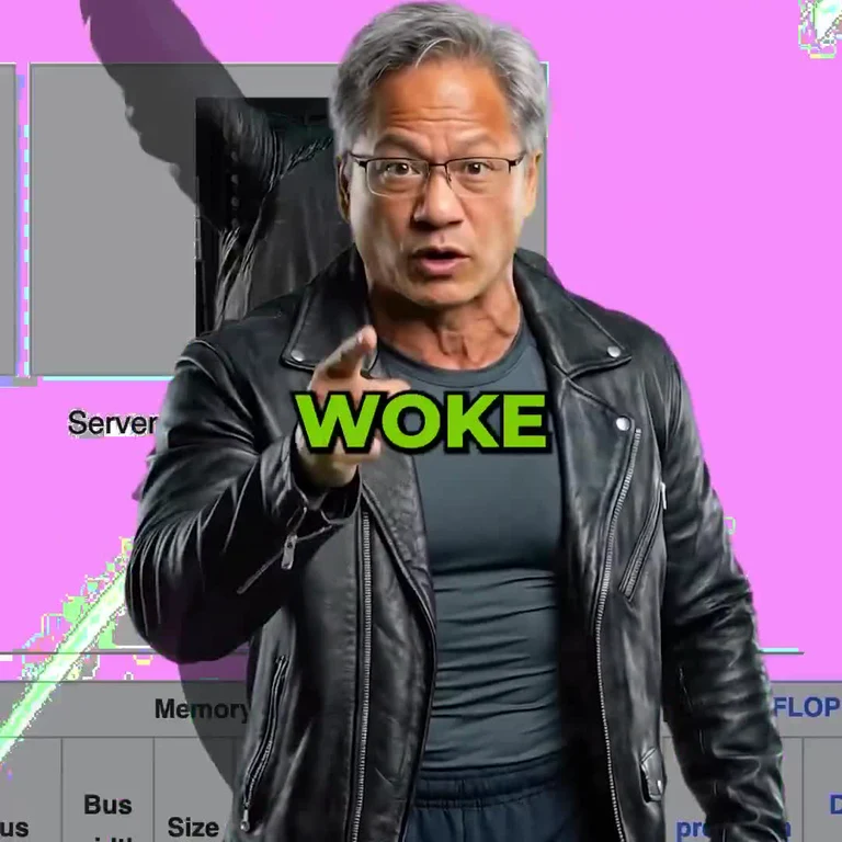 Jensen Huang pointing at a server with the word WOKE superimposed