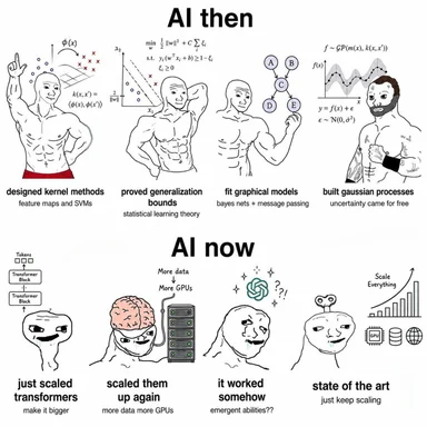 Comparison meme showing muscular men representing old ML methods like SVMs versus modern AI scaling with transformers and GPUs