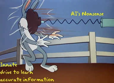 Cartoon rabbit with shocked expression receiving nonsense from AI