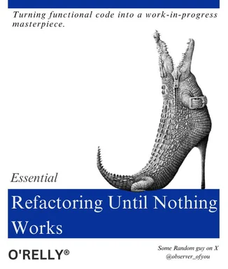 a black and white image of a crocodile with a zipper on its tail turned into a high heel shoe with the text 'Essential Refactoring Until Nothing Works'