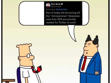Elon Musk tweet about microservices bloatware cartoon