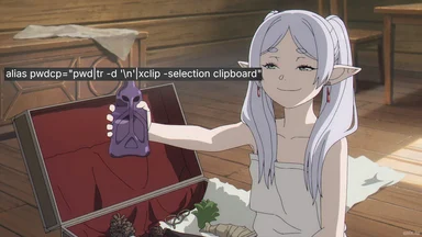 An anime character holding a purple mask in front of a framed red fabric with a command line alias for copying password to clipboard overlaid