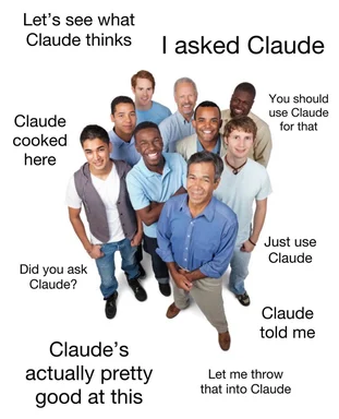 Claude AI meme with group of people and multiple references to Claude