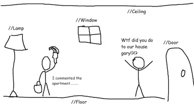 a stick figure drawing of a person commenting on an apartment while another person reacts in shock