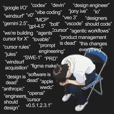a cartoon character sitting on a chair with their head in their hands, surrounded by tech-related terms