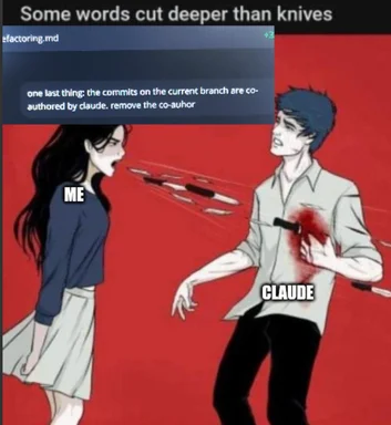angry woman looking at man with knives stabbed in his back and chest