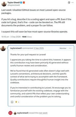 Screenshot of a tweet by Taylor Otwell about disabling GitHub Issues on Laravel packages, paired with a GitHub comment rejecting an AI-generated pull request for lacking human review.