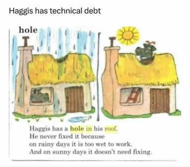 Haggis house with hole in roof on rainy and sunny days